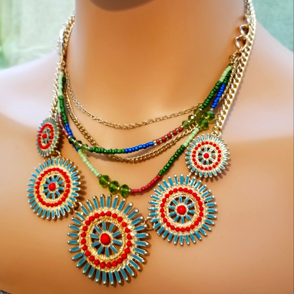Mixed Metal SW Style Enamel & Glass Beads & Gold Chain Choker, set of 2.